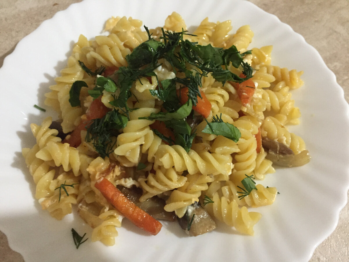 Ужин за 10 минут. Макароны с грибами.