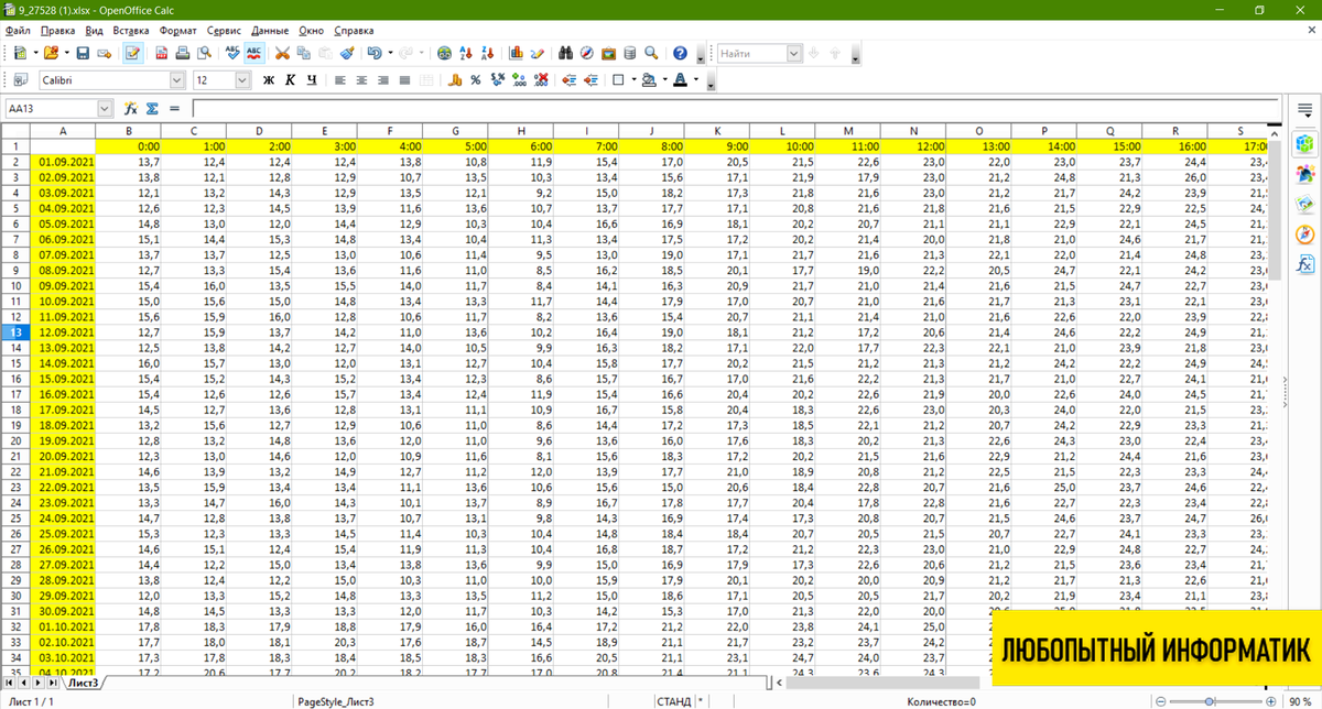 Содержимое файла в программе OpenOffice Calc