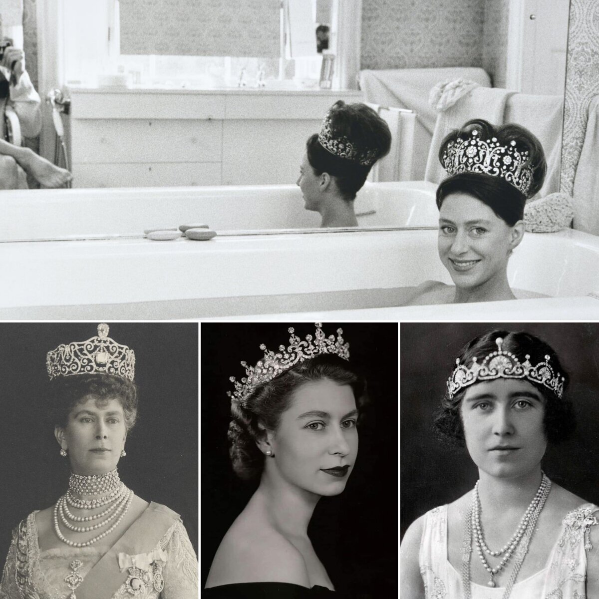 Принцесса Маргарет в тиаре "Полтимор", королева Мария Текская в тиаре "Делли Дурбар", Елизавета II в тиаре Девушки Великобритании и Ирландии" и королева Элизабет Боуз-Лайон в тиаре "Цветок Лотоса".