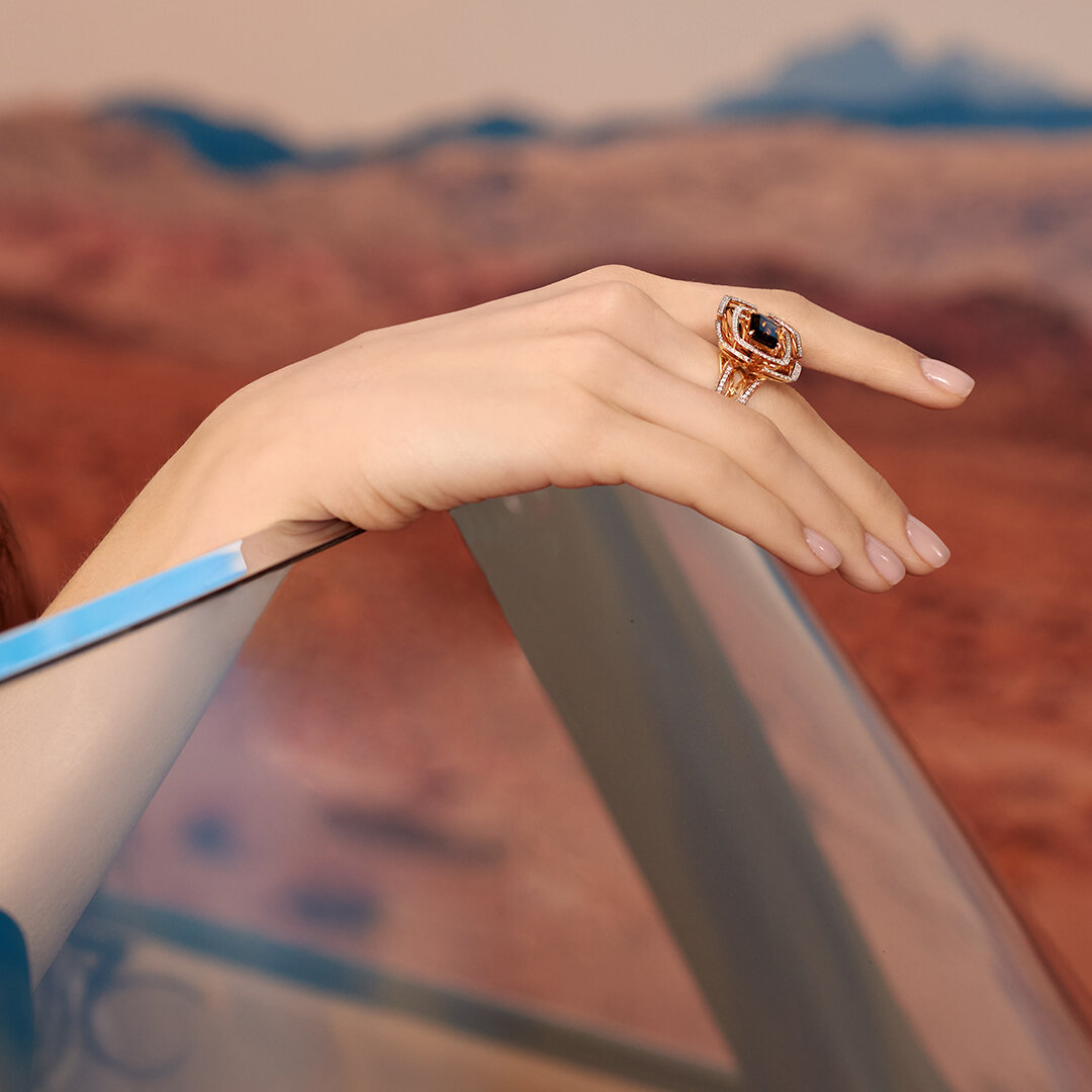 Кольцо "Витражи", золото 585 пробы, прозрачные бриллианты высшей категории, кварц.