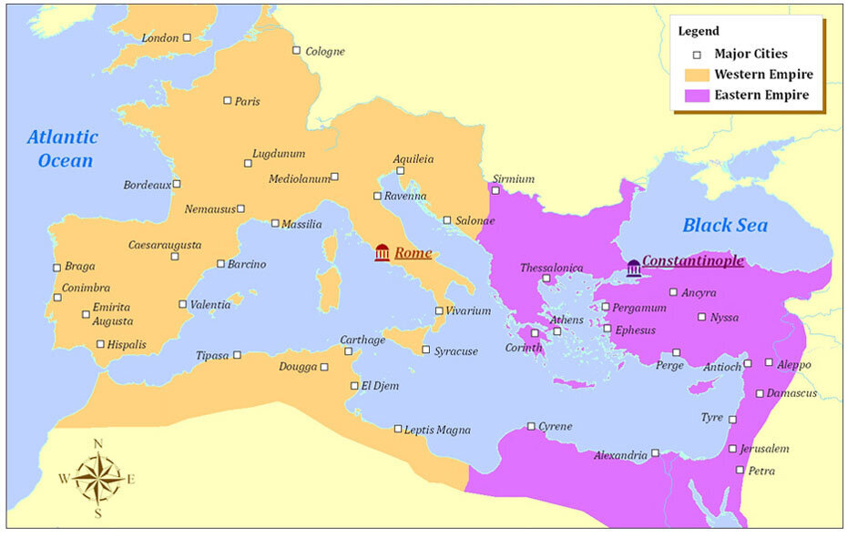 Римская империя в 400-м году нашей эры. Источник: explorethemed.com
