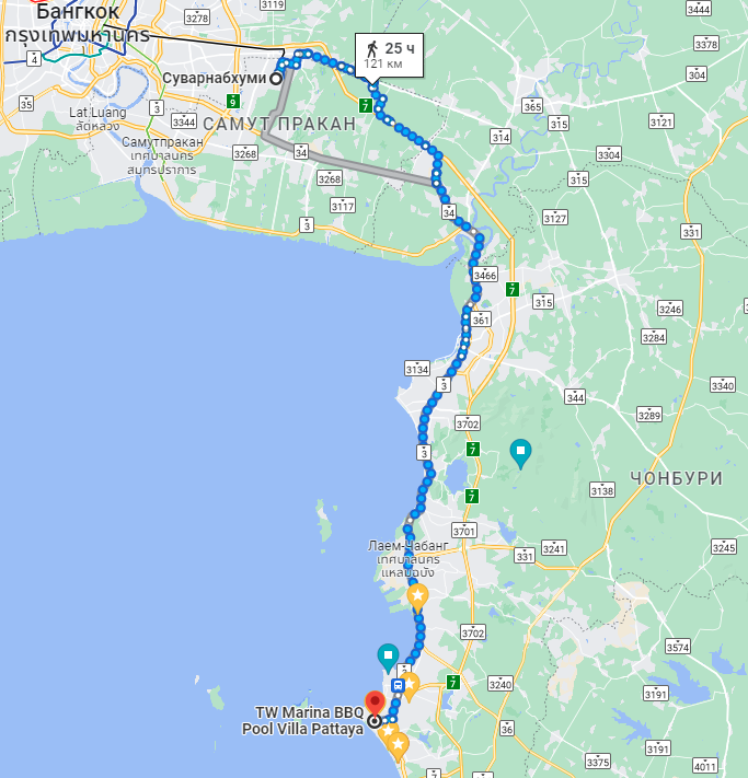 Согласно гугл-картам пешая дорога из аэропорта в Паттайю займет около 25 часов.