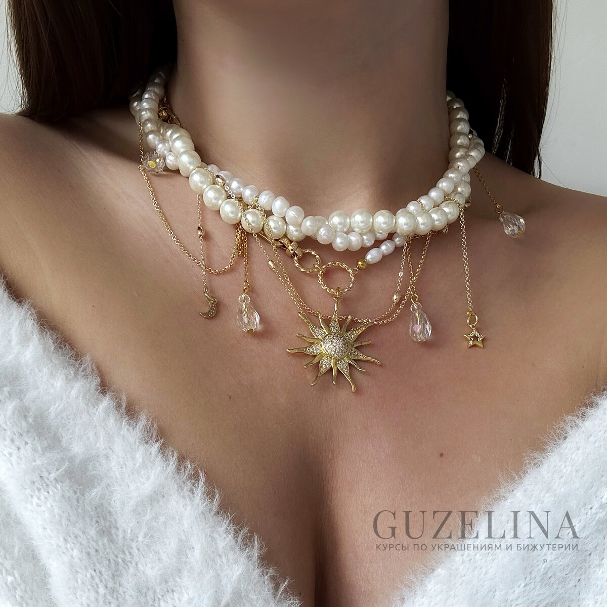 Жемчужное колье с подвеской солнце