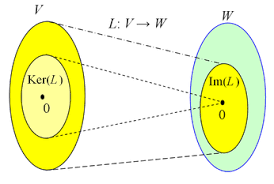 Иллюстрация из статьи про ядро линейного оператора. Ядро сжимается в 0, но восстановить из нуля конкретный элемент ядра с помощью обратного преобразования не получится. 