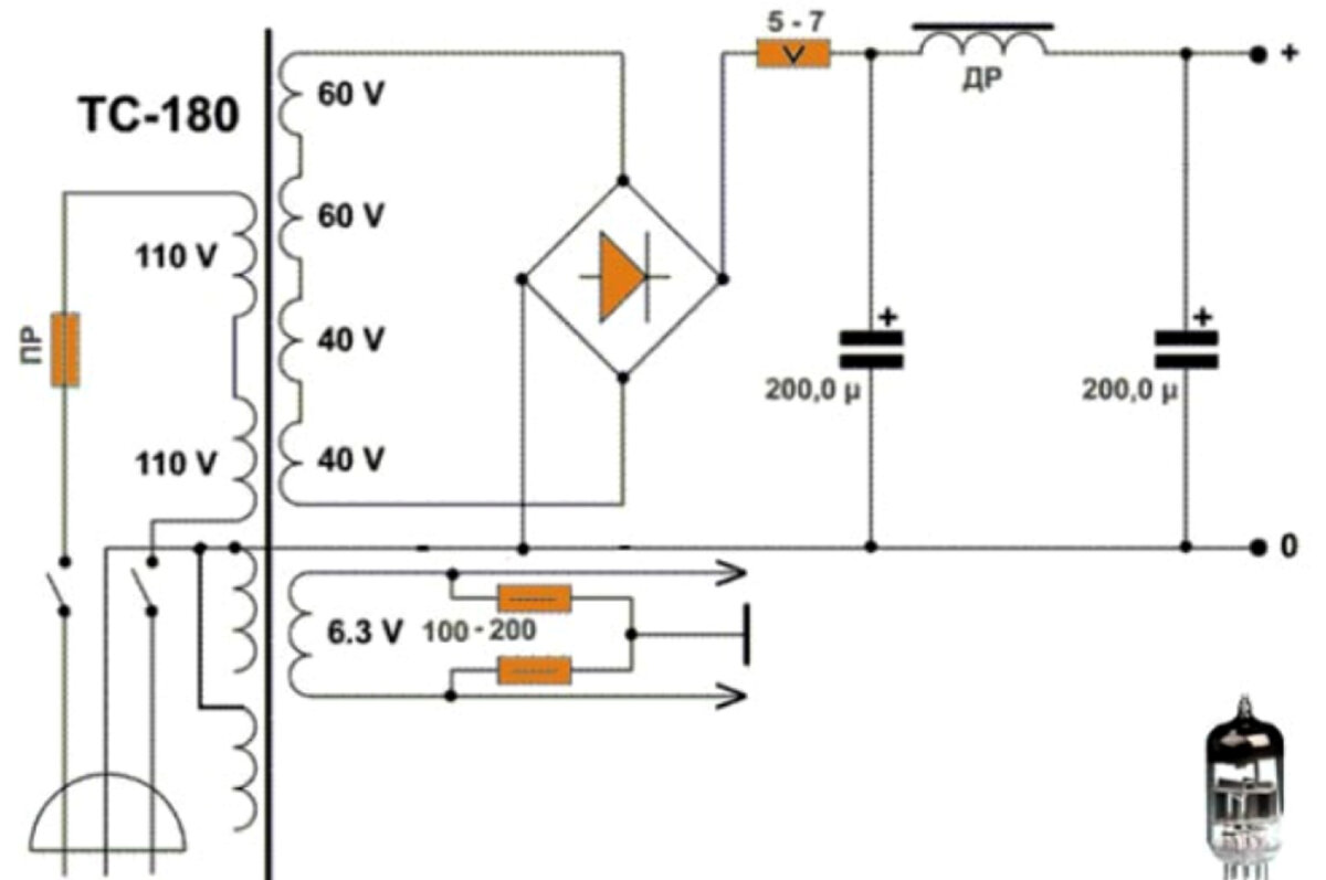 Схема УНЧ на лампах 6Н2П, 6П43П (2-3Вт)
