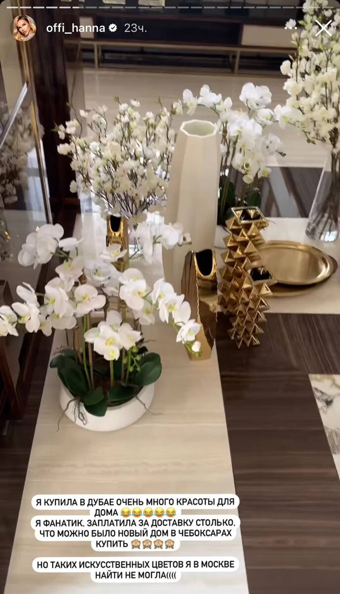    Пост Ханны о том, какую сумму она потратила на доставку искусственных цветов из Дубая в Москву Фото: Инстаграм (запрещен в РФ)