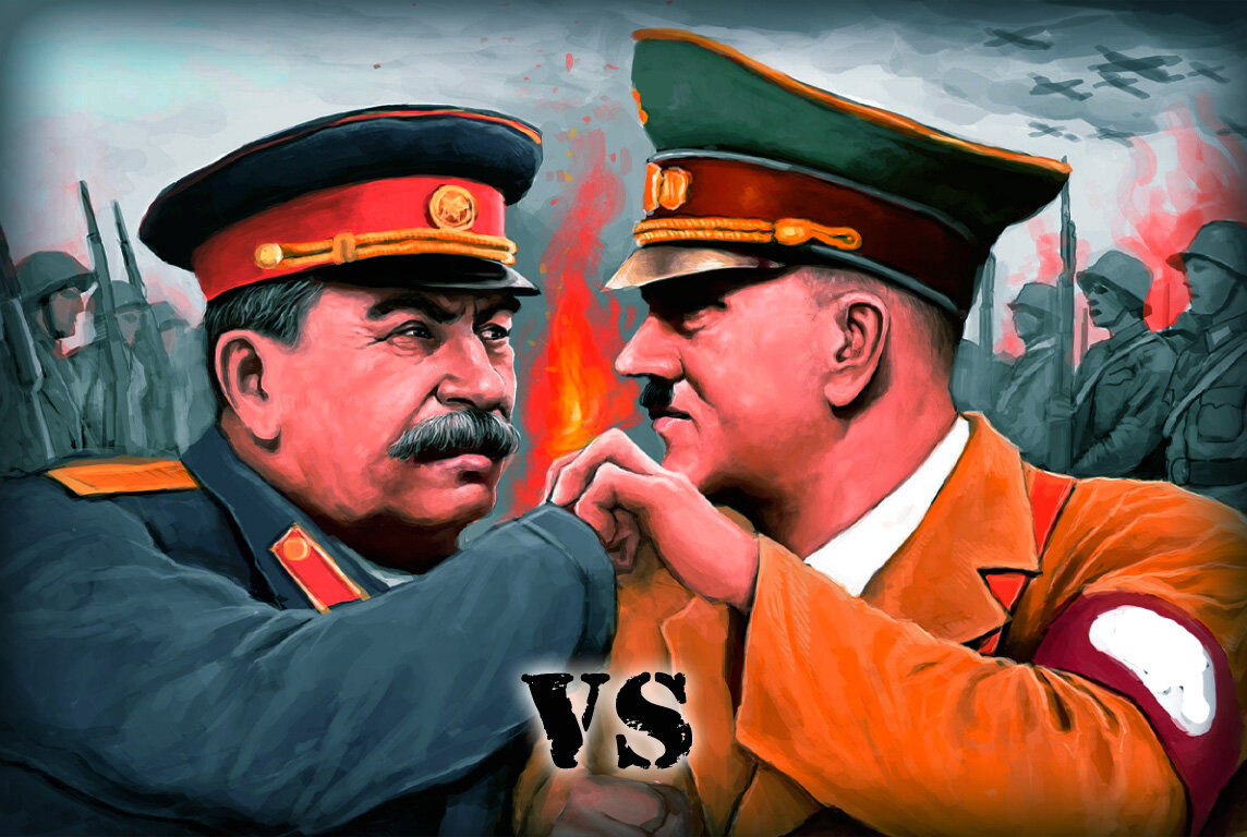 Противостояние Сталина и Гитлера. Исходное изображение взято с ivejournal.com. 
P.S. Ввиду запрета на определённого рода «эмблемы» и «символы» пришлось кое-что закрасить белым на изображении. 