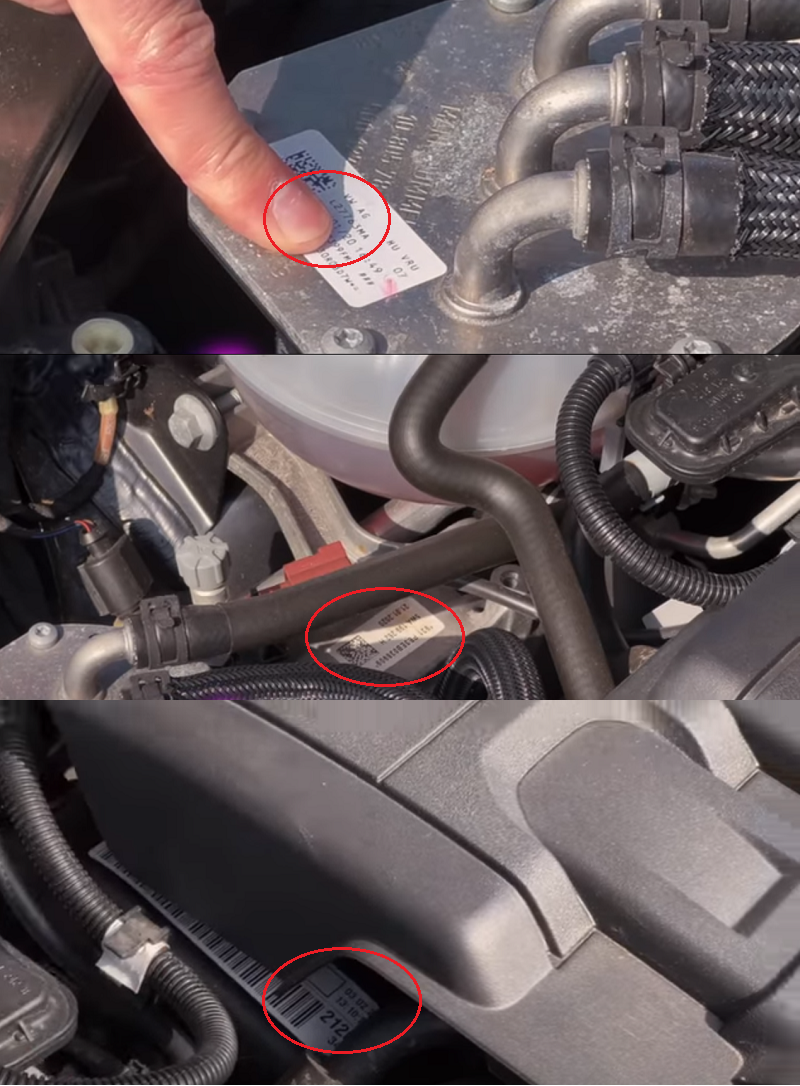 На многих элементах подкапотного пространства наклеены наклейки с датами производства. Например (сверху вниз): корпус топливного фильтра, опора двигателя, кожух ремня ГРМ 