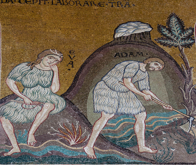 Адам и Ева после изгнания из рая. Мозаика собора Монреале. Палермо
