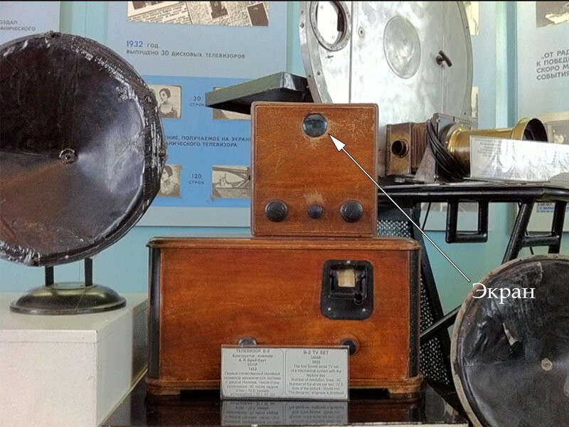 Механический телевизор Б-2. Коробка сверху —  экран, который выдавал изображение 3x4 см. Снизу — приемник, который принимал телевизионный сигнал. ==>
