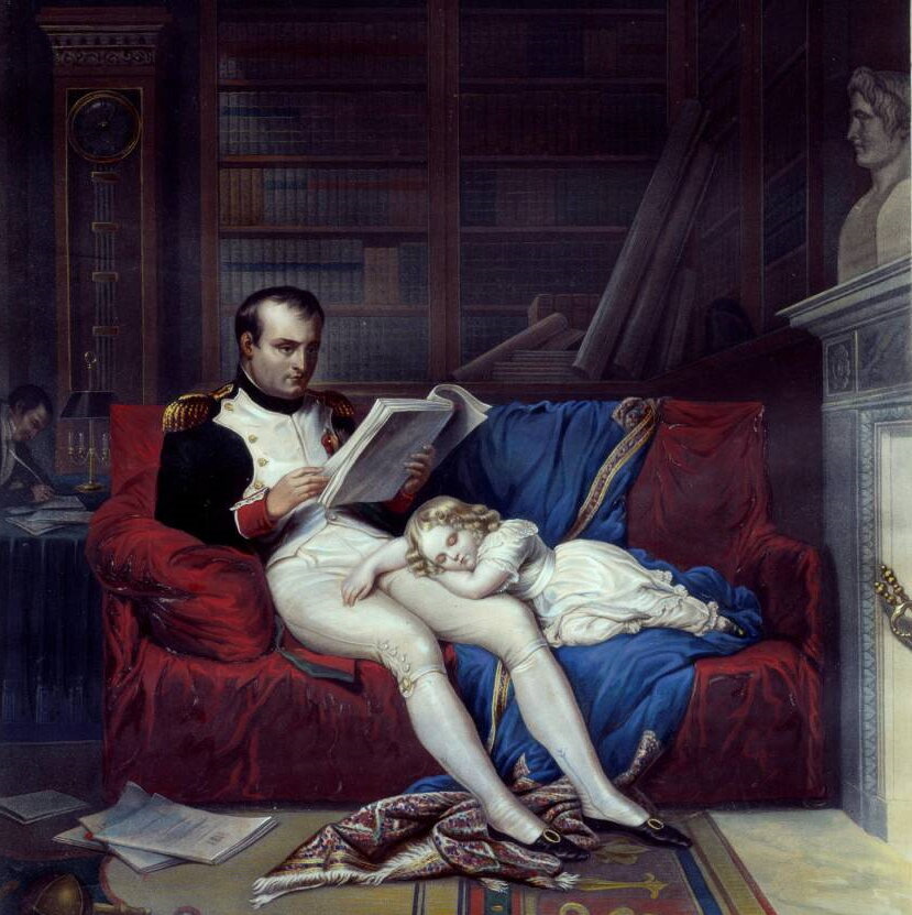 Неизвестный художник «Портрет императора Наполеона I и его сына, спящего у него на коленях» (фрагмент)
