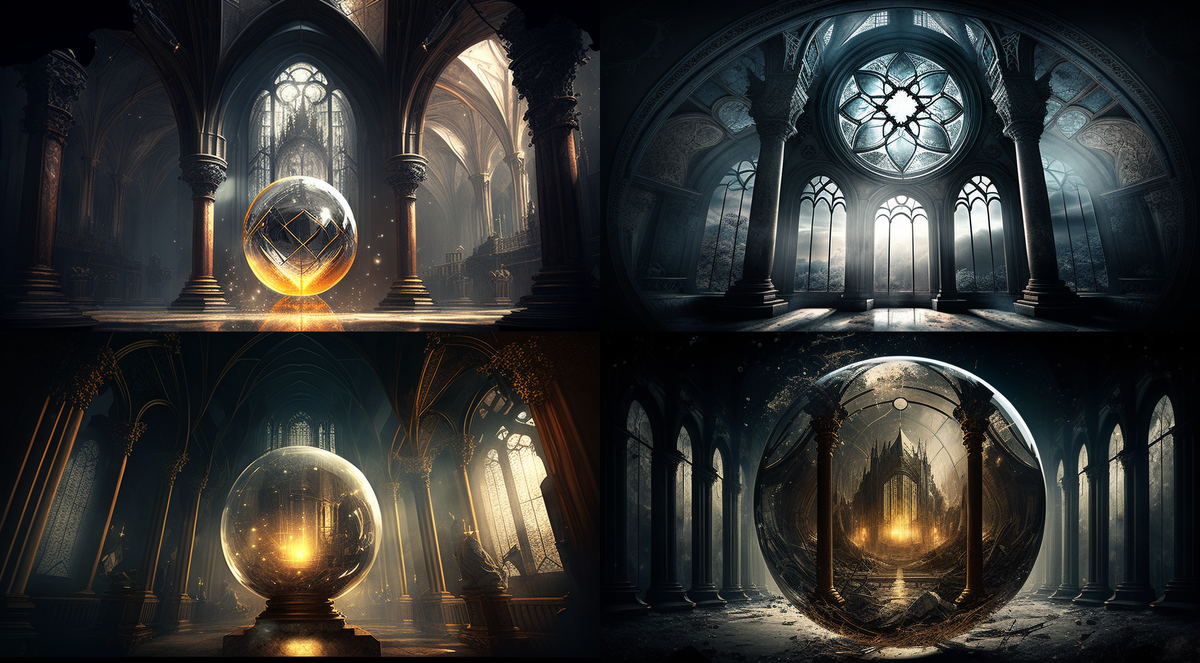 Стеклянная сфера, полная денег под высоким потолком, мистический свет, как в церкви, стиль: Готика