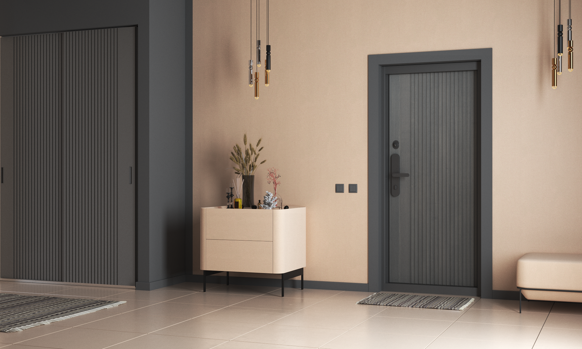 Прихожая в светлом персиковом цвете. Дверь в прихожей - Electra Aqara. Панель - Woodline, Серый кварц. Цена - от 309 200 ₽.