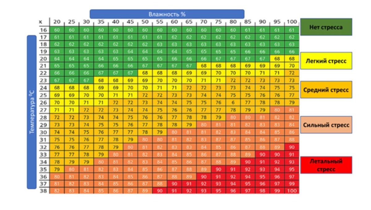 Рисунок 1 Степени (индекс) теплового стресса в зависимости от температуры и влажности