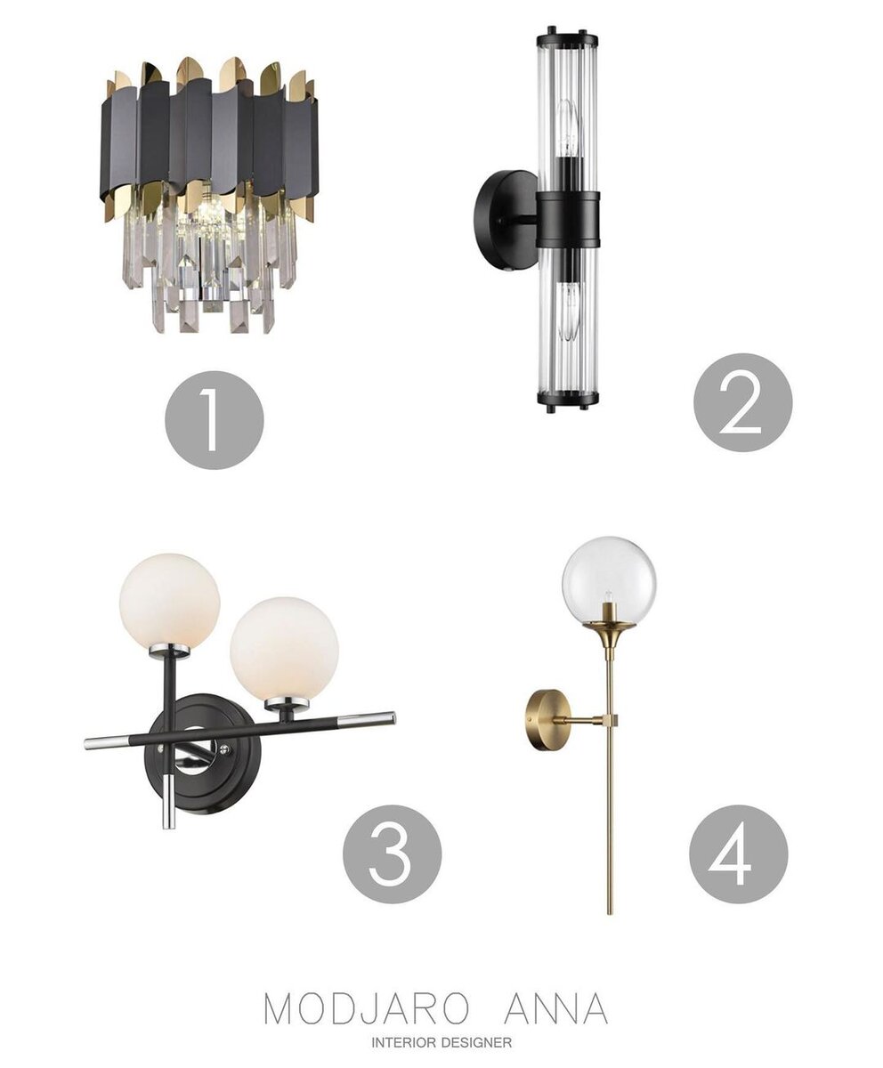 1. Бра Hiper Dafna H171-2 2. Подсветка для зеркал Odeon Light Кира
4944/2W
3. Бра Wertmark Brando
4. Бра Odeon Light Nuvola
