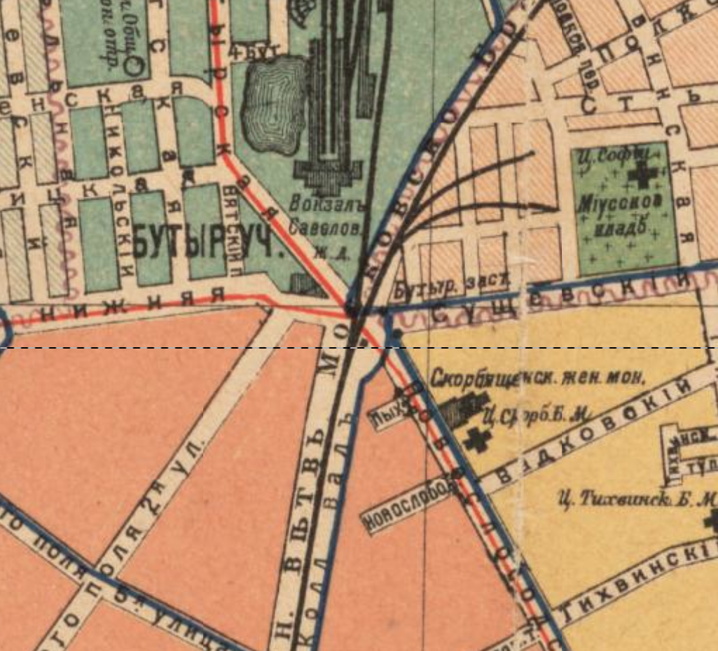 Вот сколько дорог пересекалось на площади около Савёловского вокзала в 1915 году. Фрагмент карты с сайта www.retromap.ru.
