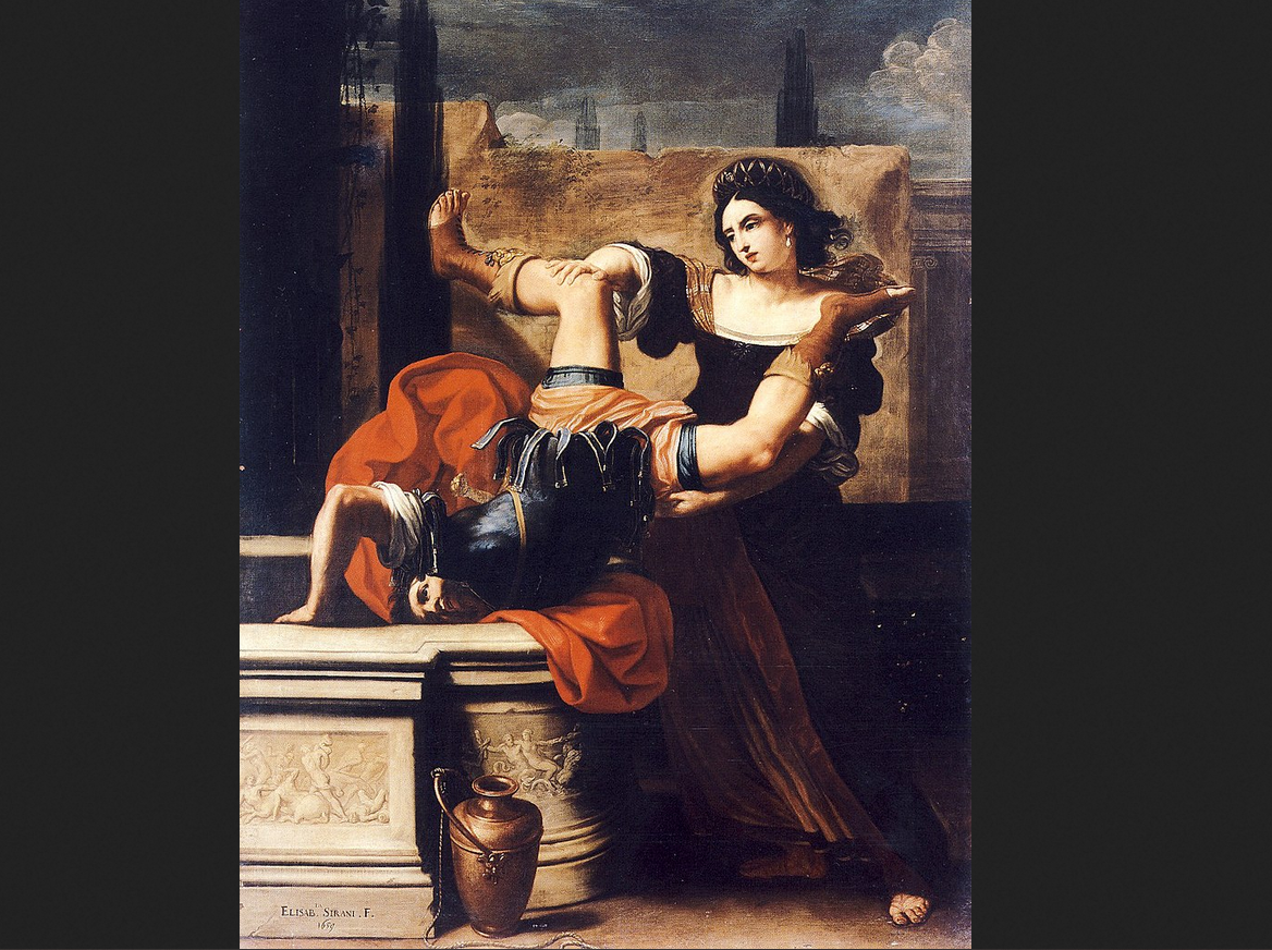 Элизабета Сирани. "Тимоклея, сталкивающая в колодец своего насильника". 1659