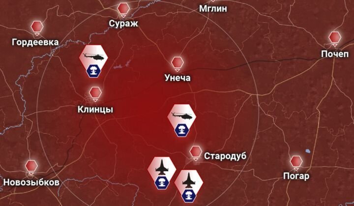 Места гибели авиационной группы ВСК РФ над Брянской областью. Источник: t.me/rybar.