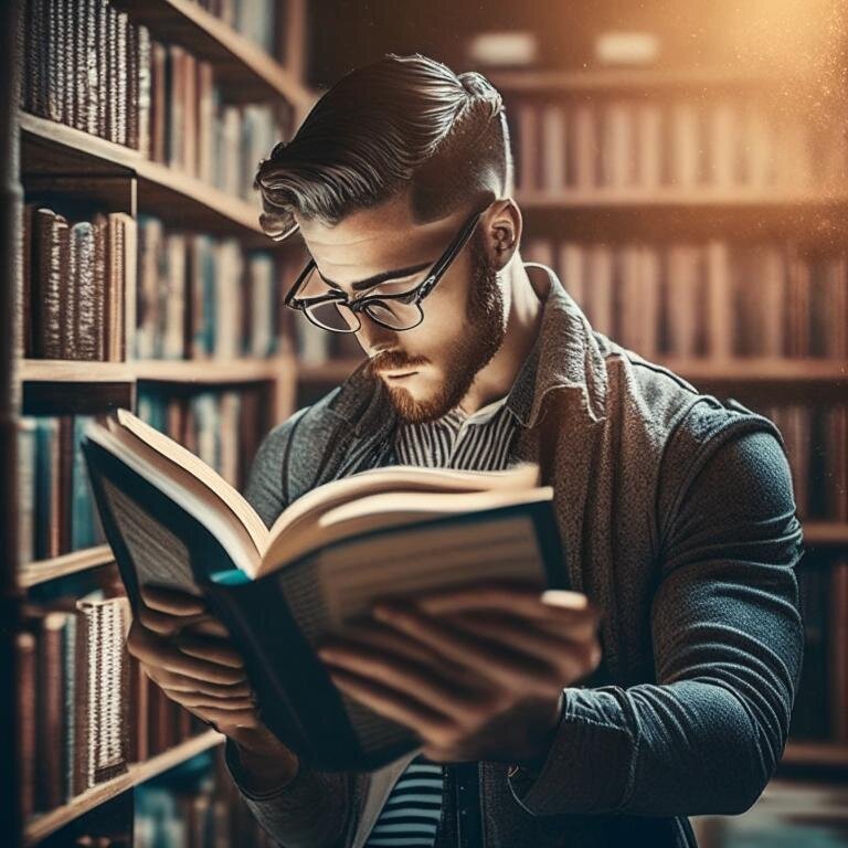 изображение человека, который читает книгу в библиотеке, но при этом демонстрирует успешность в своей карьере