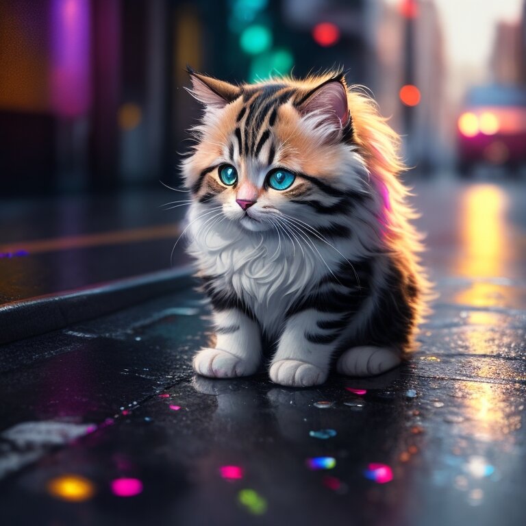 Печальный котенок на мокрой улице