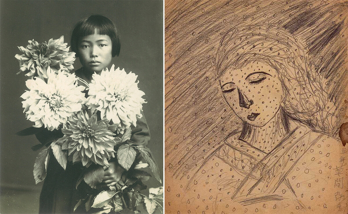  • Яёи Кусама в возрасте 10 лет, 1939 год.
 • Портрет мамы карандашом на бумаге, 1939 год.