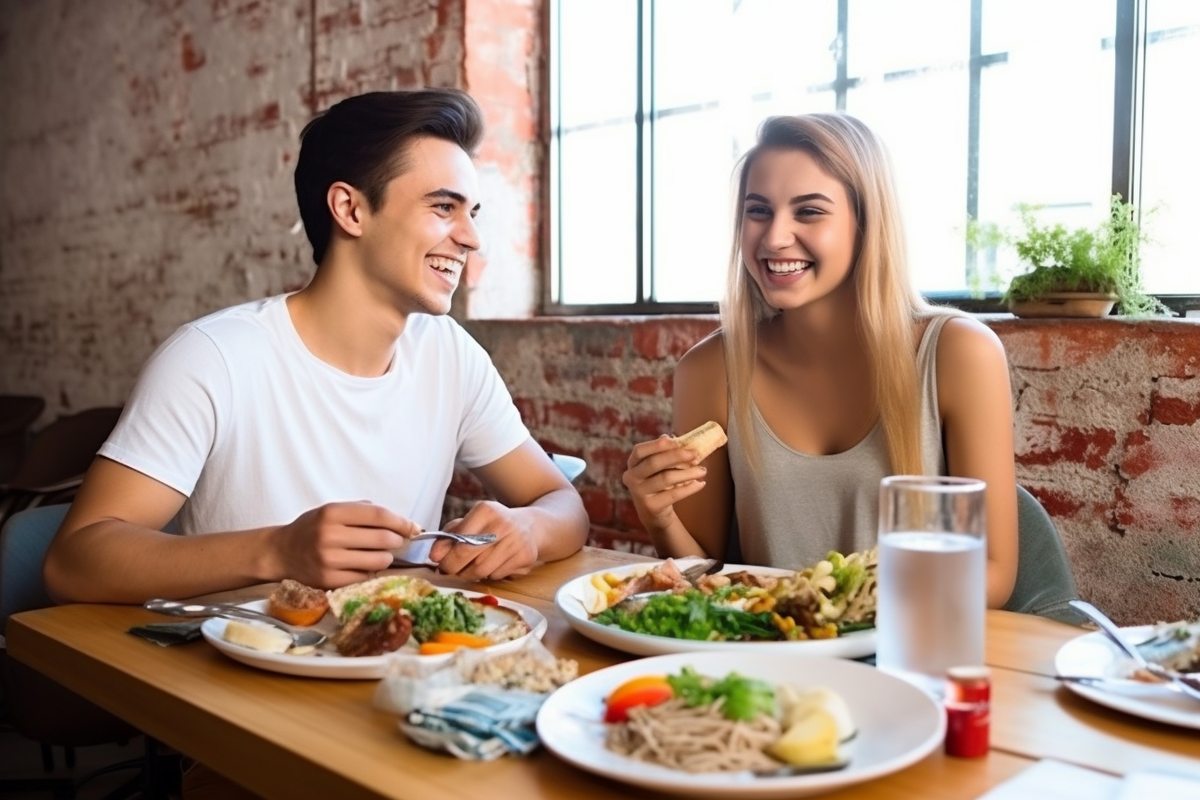 Счастливая пара ест еду