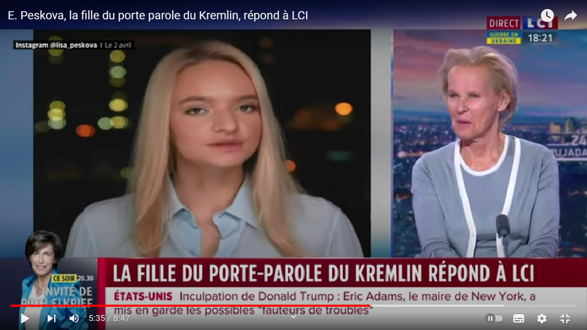 Е. Пескова (слева) и журналистка France Culture Кристин Окрен. Скриншот передачи с канала LCI  в YouTube.