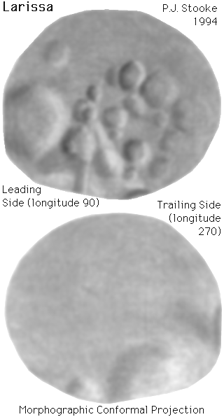 Карта полушарий Лариссы, спутника Нептуна. Картинка из открытых источников.