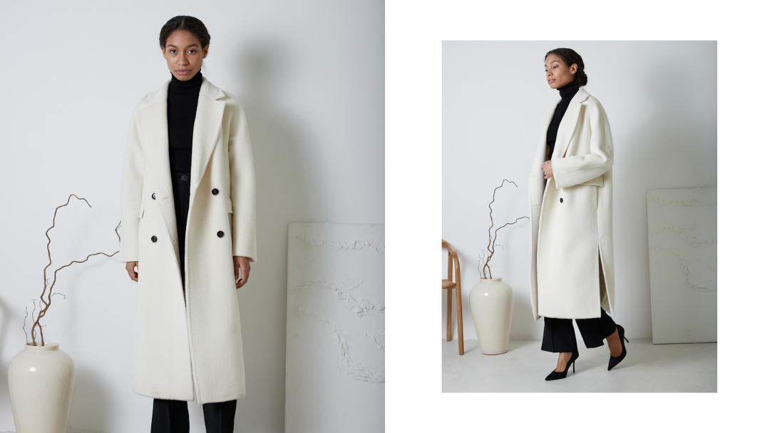 Модель  540L в молочном оттенке. Длина 120 см, двубортное, боковые шлицы.