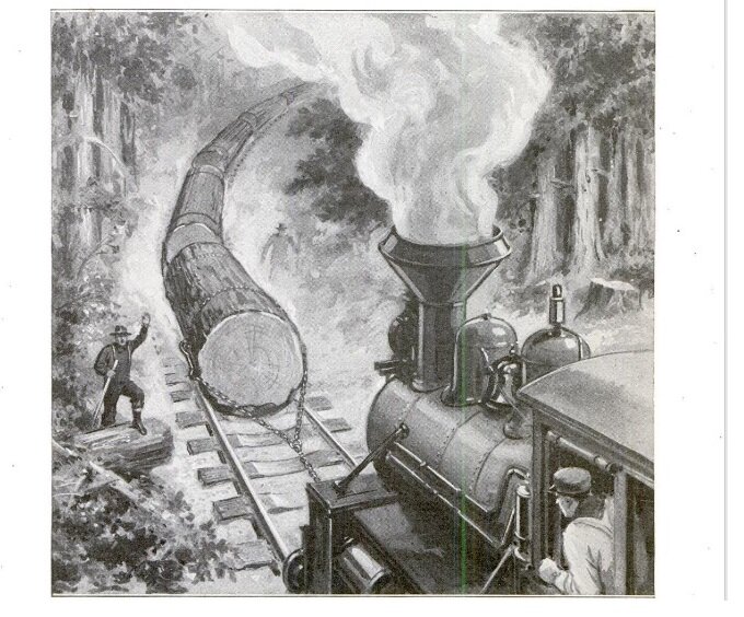 Тягач цепляет цепочку из 20 бревен. Этот метод является одновременно более быстрым и более экономичный, чем обычный способ перевозки, особенно в труднопроходимых горных районах Колорадо.