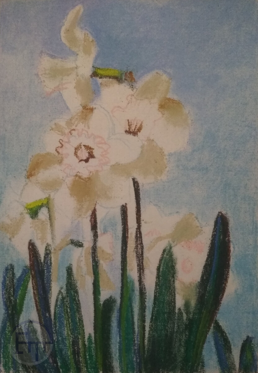 Художник Елена Тюрина. Процесс создания картины: "Первые цветы". Стадия I . Сухая пастель. 2021 г. Размер: 29.7х21см.