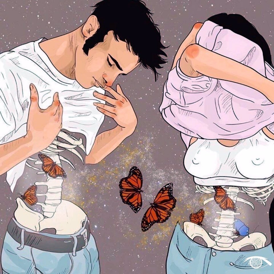 Каша целует девочку в живот. Бабочки в животе. бабочки в животе от любви. открытка бабочки в животе. бабочки в животе рисунок.