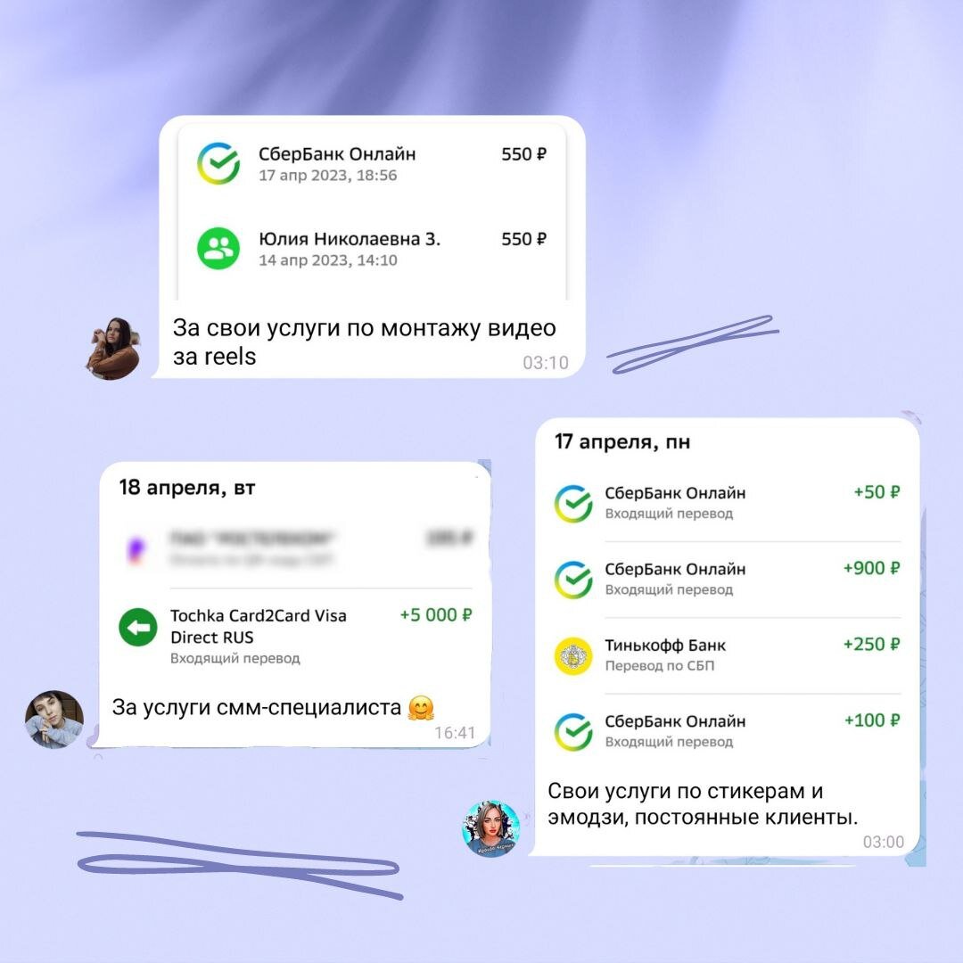 Заработок на своих услугах, взят из чата отчетов онлайн школы 