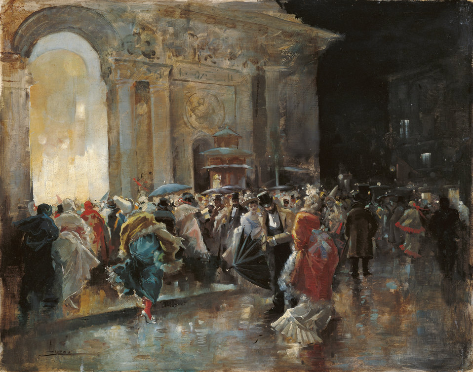 Arriving at the Theatre on a Night of a Masqued Ball Oil - Eugenio Lucas Villaamil