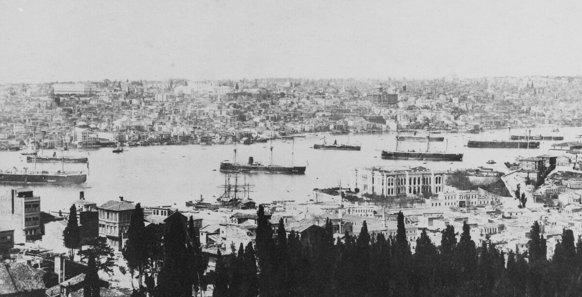 Ottoman ironclads at the Golden Horn; Mesudiye is the furthest vessel to the left