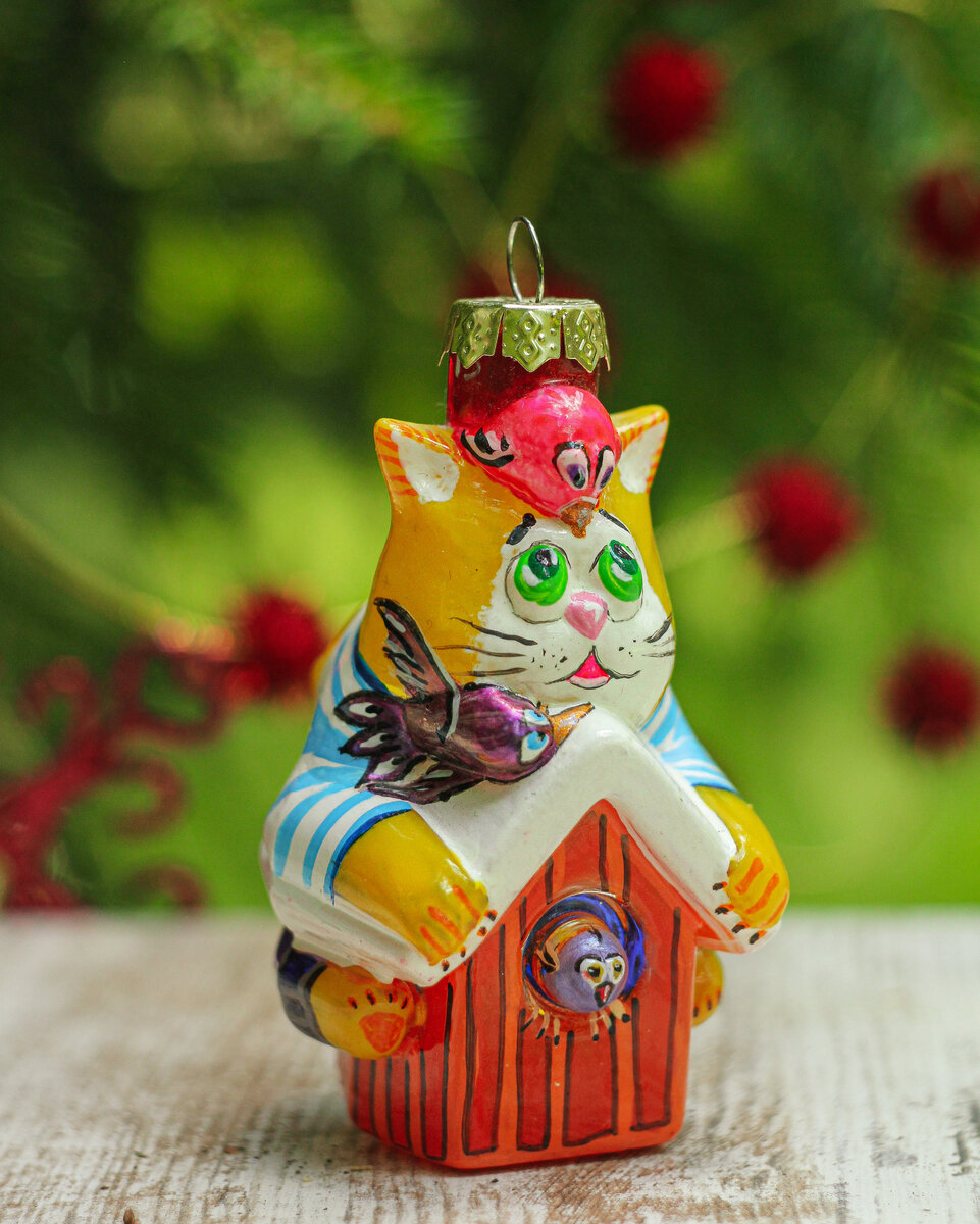 Стеклянная Елочная Игрушка Кот Ловец Птиц