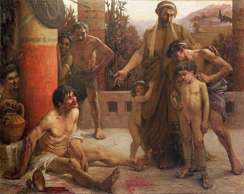 «Спартанец, показывающий пьяного илота своим сыновьям». Фернан Сабатте, 1900 г.