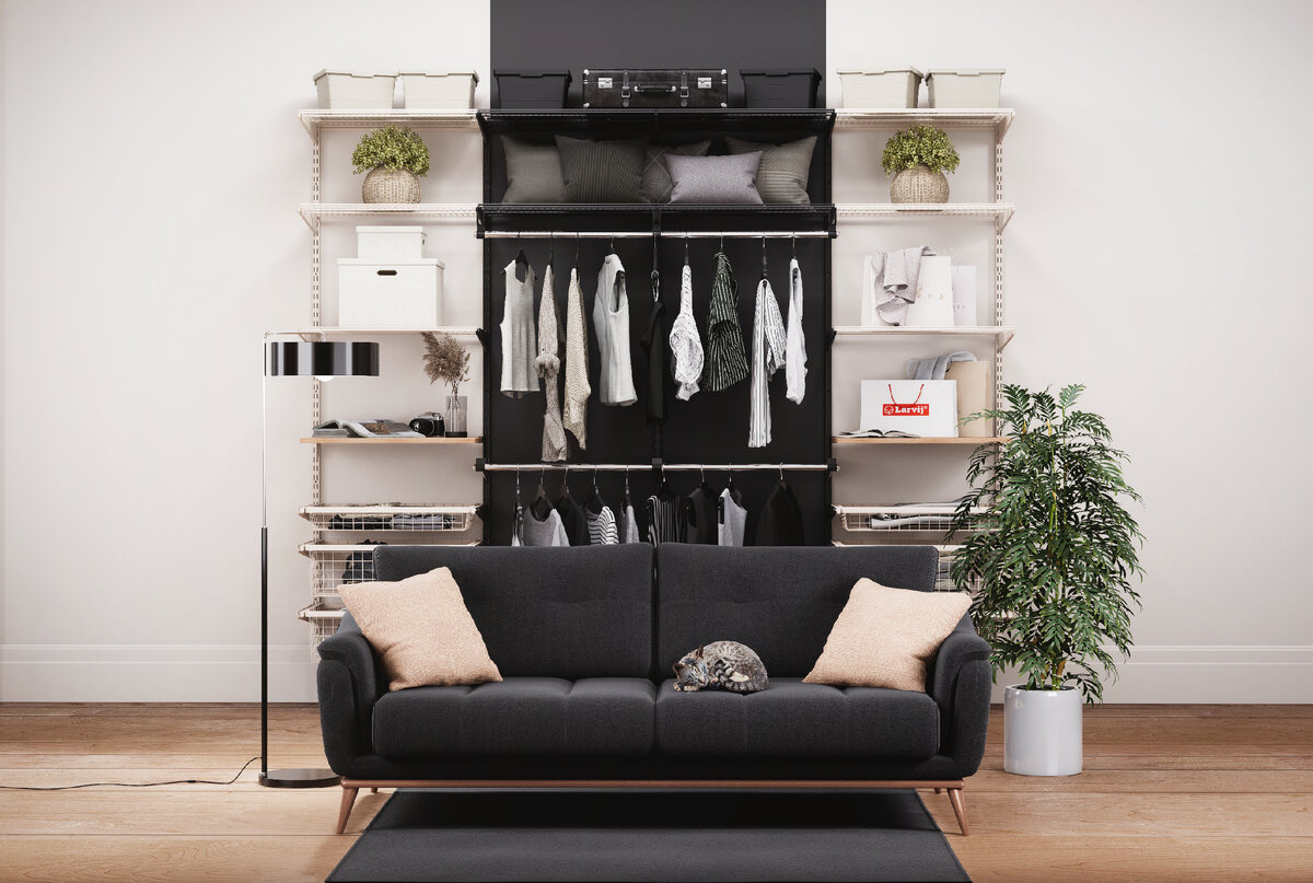 Гардеробная в двух цветах: черный и магнолия