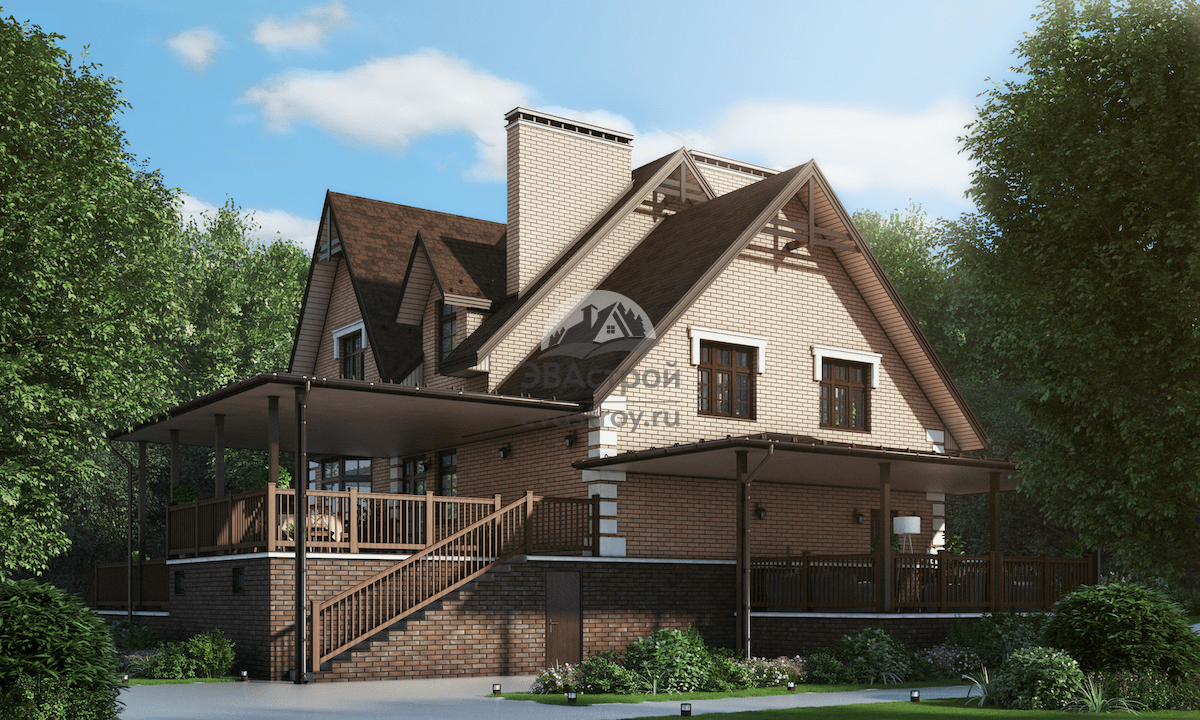 Проект дома 339 м2 с цокольным этажом, мансардой, гаражом и террасой - 07-401