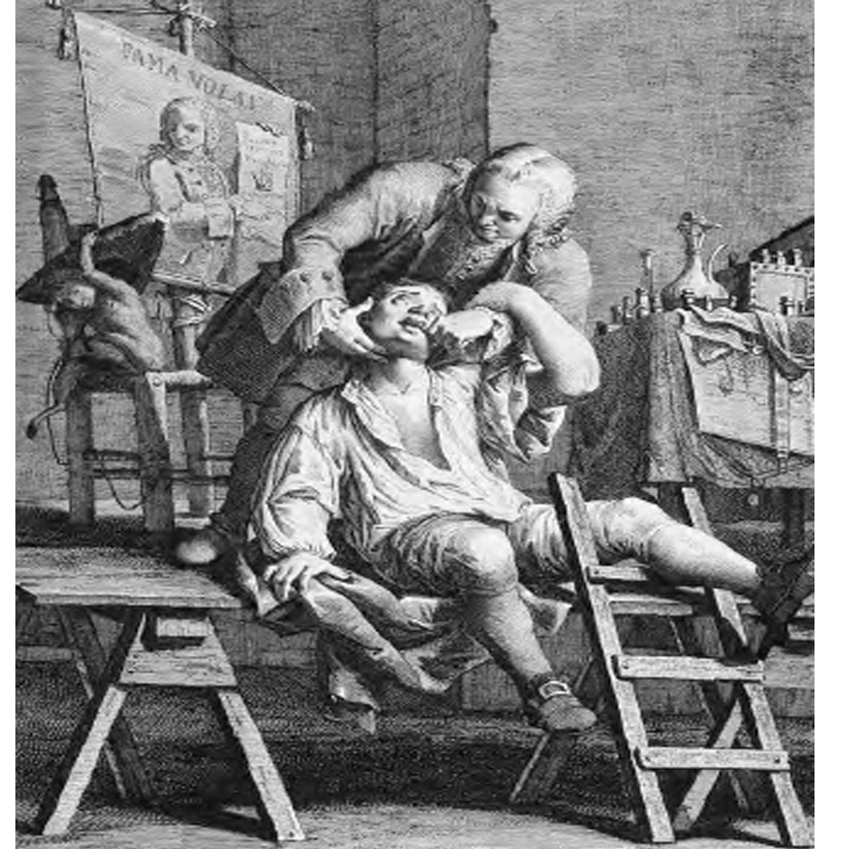  Яркий путешествующий стоматолог удаляет зуб у взволнованного пациента. Гравюра G. Volpato по Ф. Маджиотто. (Используется здесь в соответствии с лицензией Creative Commons)