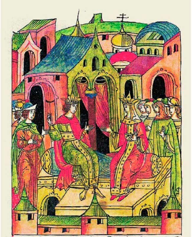 Императрица Ирина с сыном Константином VI, миниатюра ориент. 1568–1576 г.