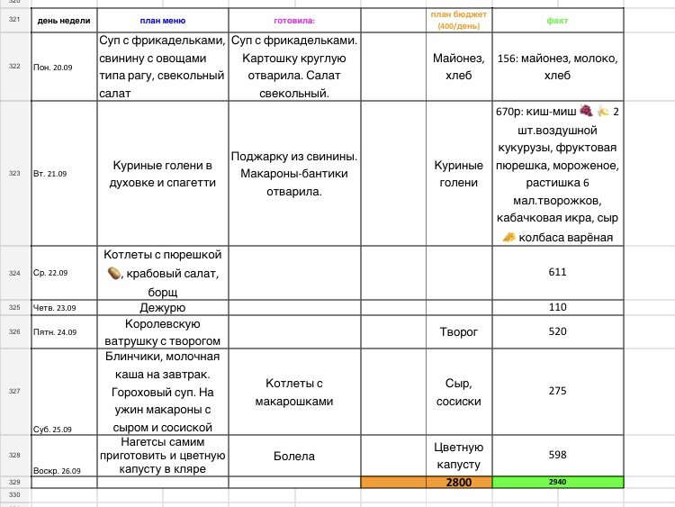 Ну вот примерно так. Сейчас чаще просто на листочке накидываю список блюд, которые требуют более длительной готовки (супы, второе, сложные салаты). И примерный список продуктов, что понадобиться. И выставляю лимиты по питанию на день +-
