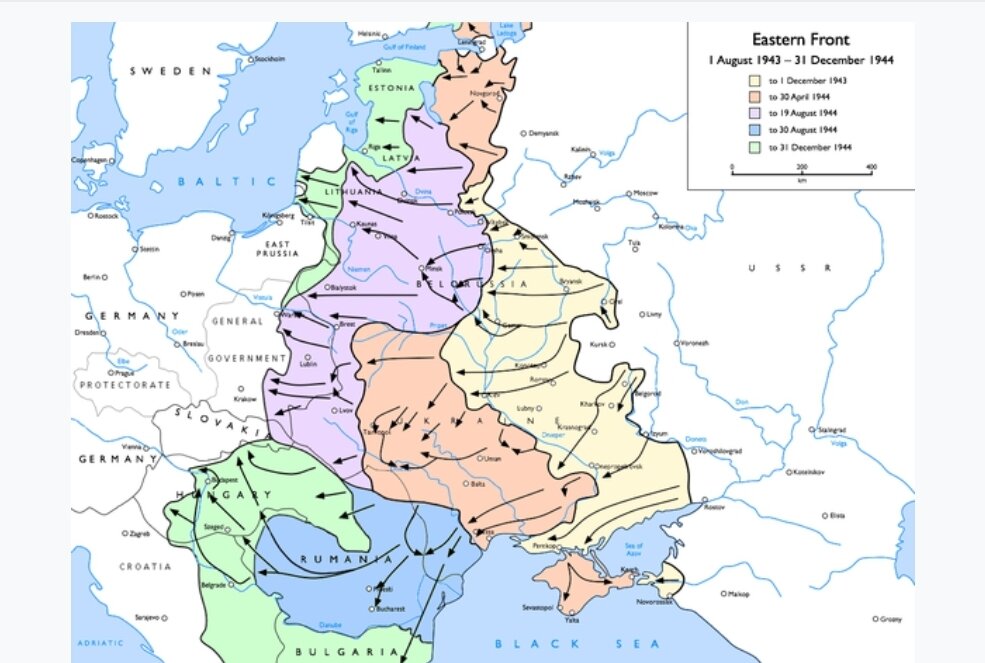 Это ход событий,изображённых на карте более подробно,в годы 1944-1945