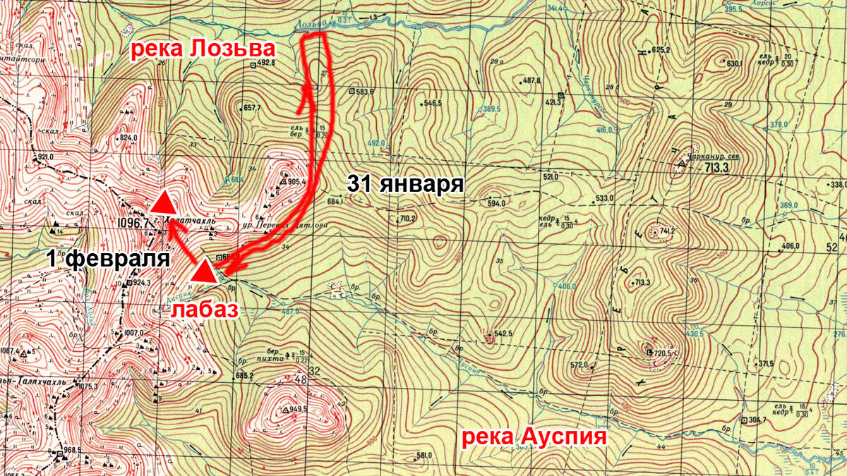 Обозначение на карте, если туристы сначала прошли к лабазу.