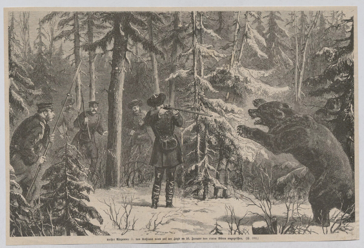 Kaiser Alexander II. von Rußland wird auf der Jagd am 16. Januar von einem Bären angegriffen (aus "Illust. Chronik") around 1870-1880 (Венский музей)