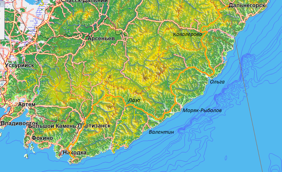 Извилистая красная линия - та самая дорога.