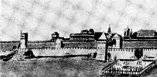 



Рисунок 62. Водовзводная и Тайницкая башни в XVII веке (По Мейербергу).