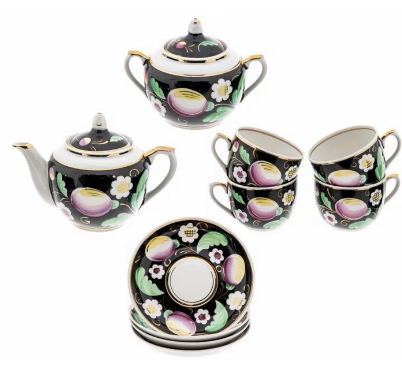Чайный сервиз «Персики» на чёрном крытье, Дмитровский ФЗ 