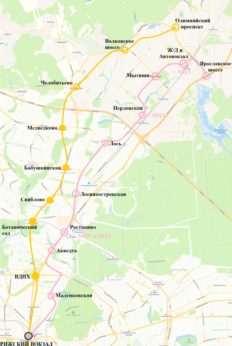 Примерная схема трассировки метрополитена с учетом его развития в городской округ Мытищи. Картографическая основа - Яндекс.Карты