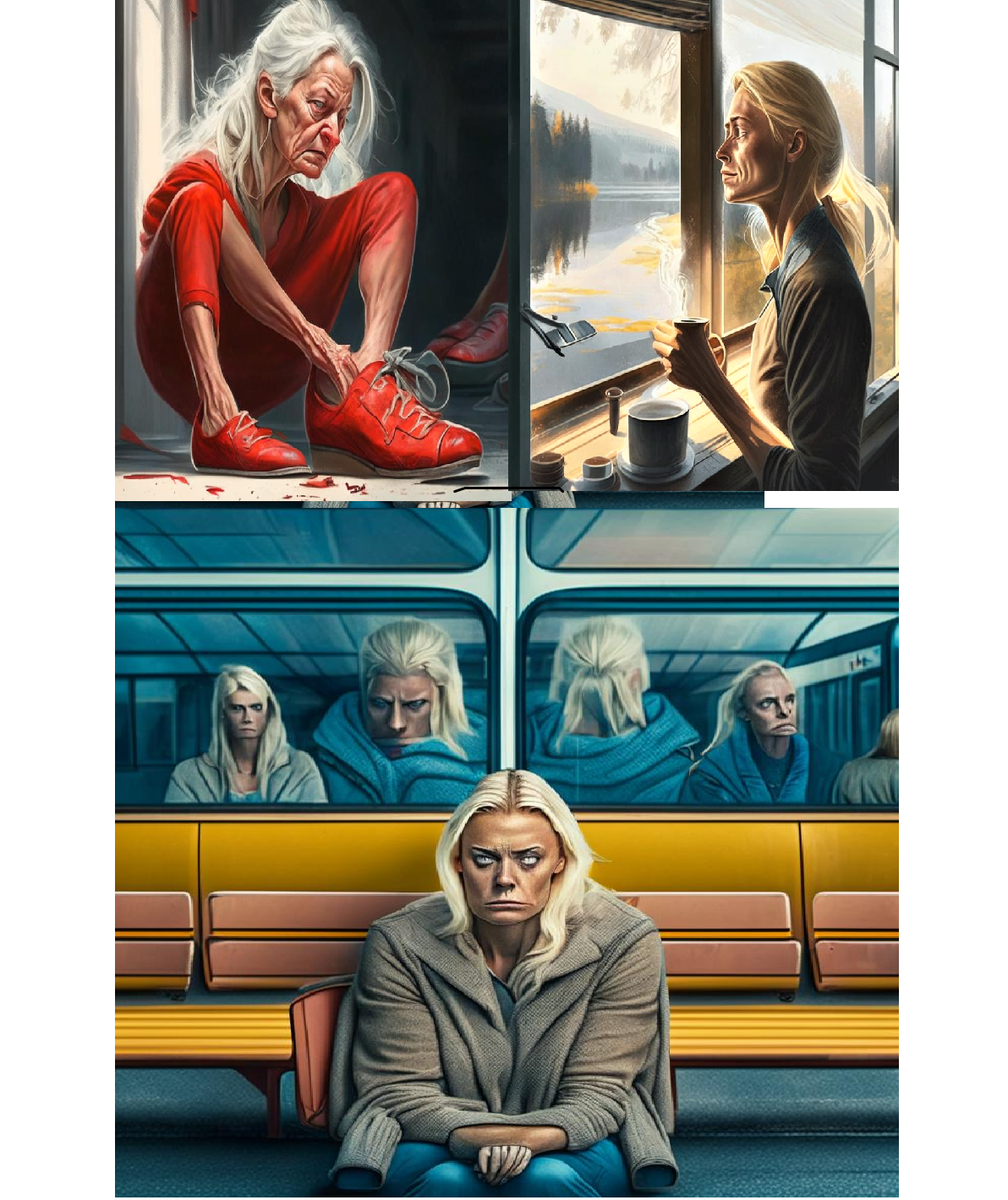 Рисунки нейросети: женщина надевает туфли, пьет кофе, ждет автобус. Стиль "без стиля".